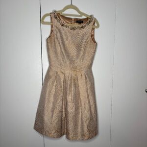 Tahari Taupe Brocade Glitter Gold-Tone Beaded Neckline Cocktail Dress- Size 4